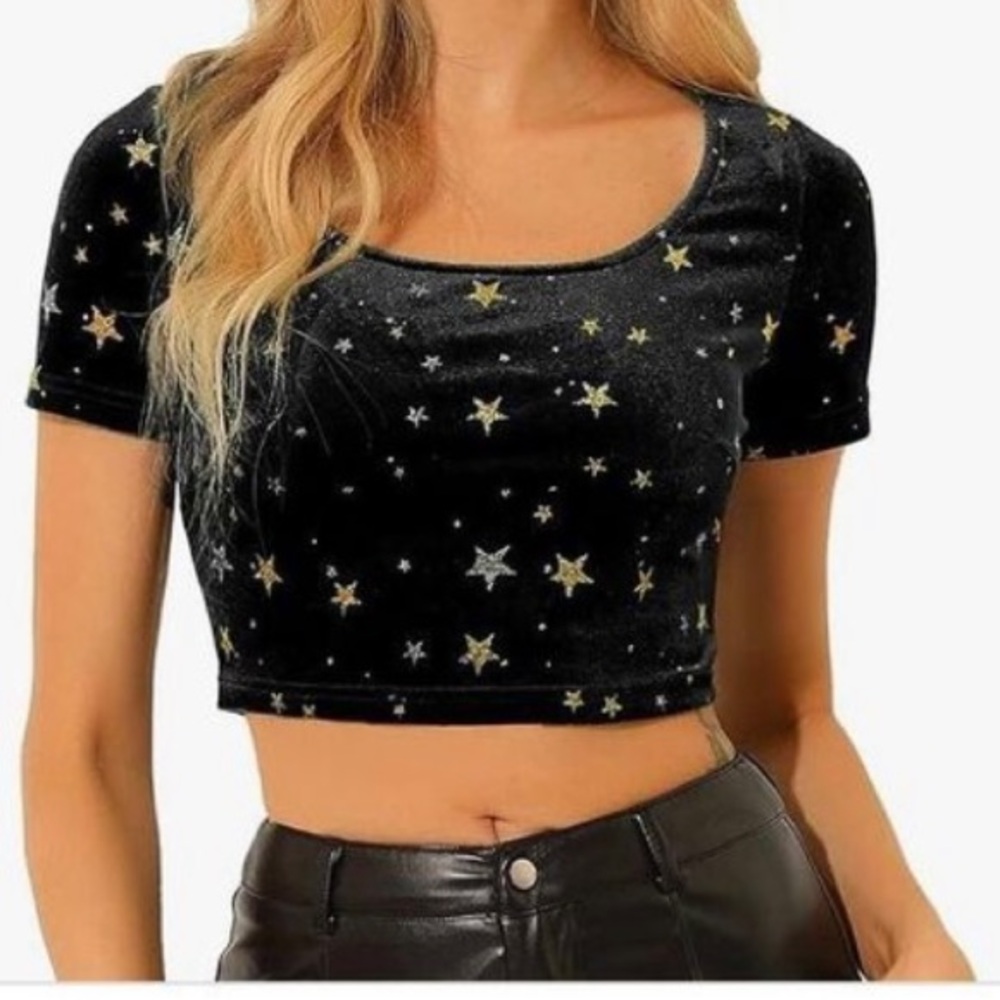 Alegra K blue gold star velvet scoop neck, short sleeve, slim fit crop top M